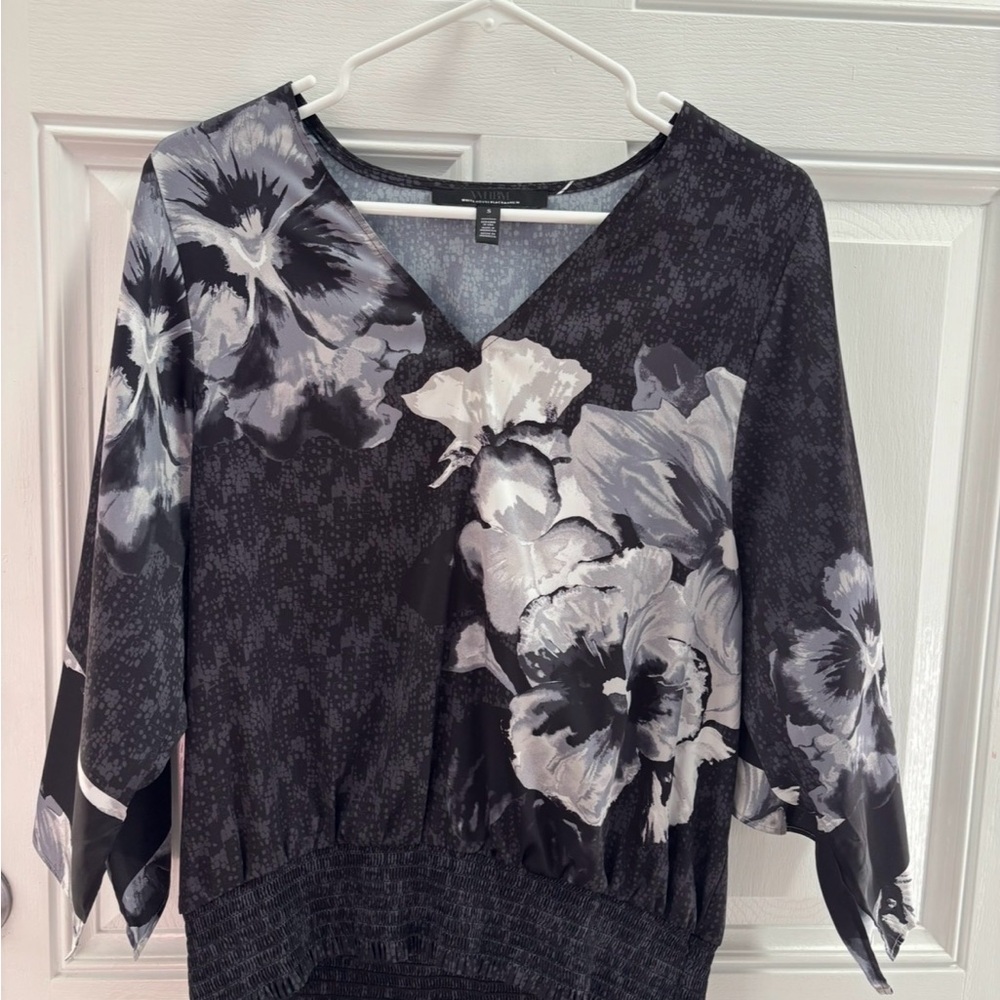 White House Black Market Black and Gray Floral Blouse